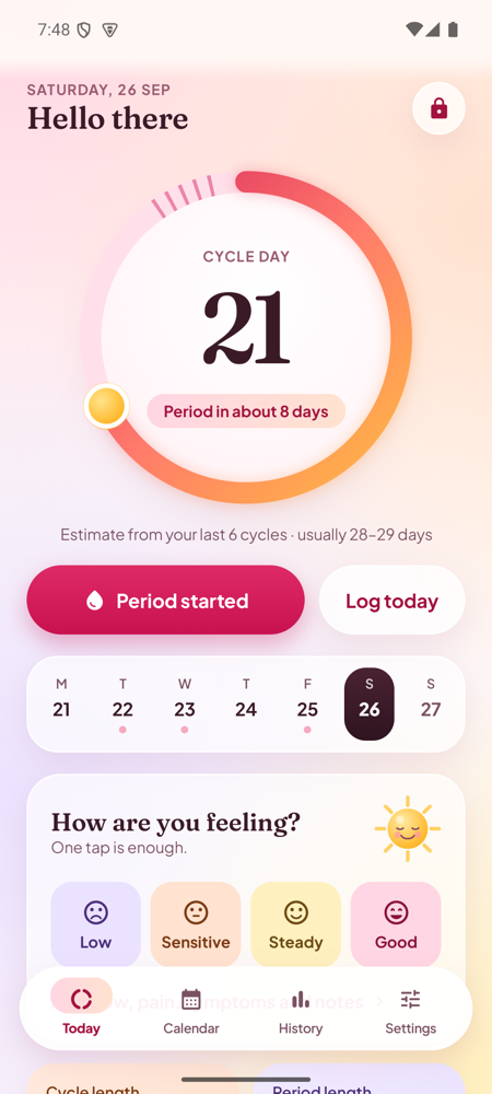 Ila's Today screen: a cycle ring showing cycle day 21 and 'Period in about 8 days', a week strip and mood buttons.