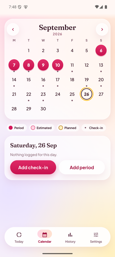 Calendar with period days in rose and today's date ringed.