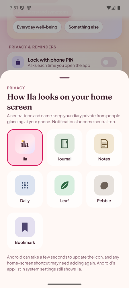 Discreet icon picker showing neutral home-screen icons such as Journal and Notes.