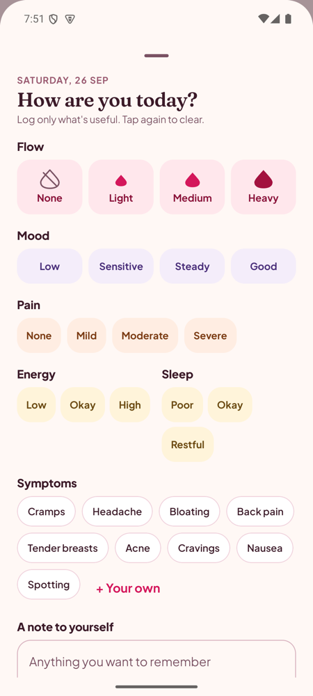 Check-in sheet with flow, mood, pain, energy, sleep and symptom choices.